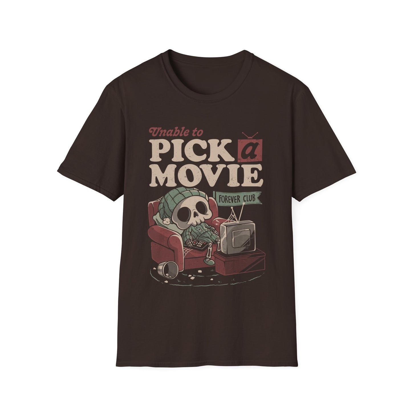 Unable to Pick a Movie – Funny Skeleton Watching TV T-Shirt