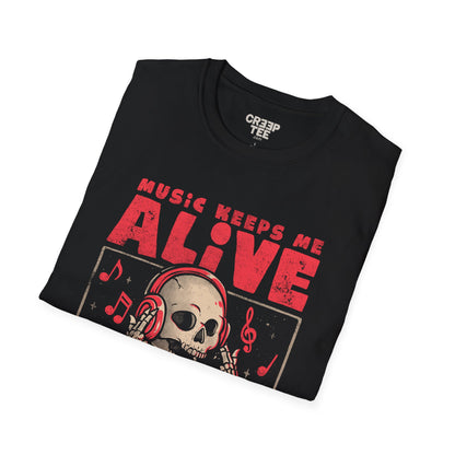 Music Keeps Me Alive – Dark Ironic Skull T-Shirt