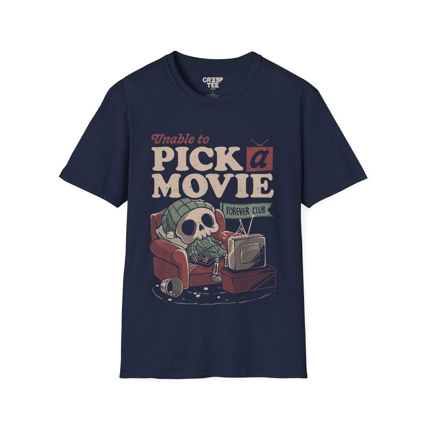 Unable to Pick a Movie – Funny Skeleton Watching TV T-Shirt