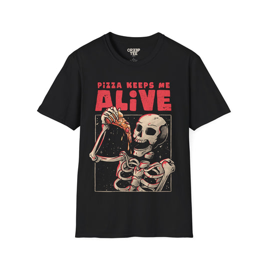 Pizza Keeps Me Alive – Dark Ironic Skull T-Shirt