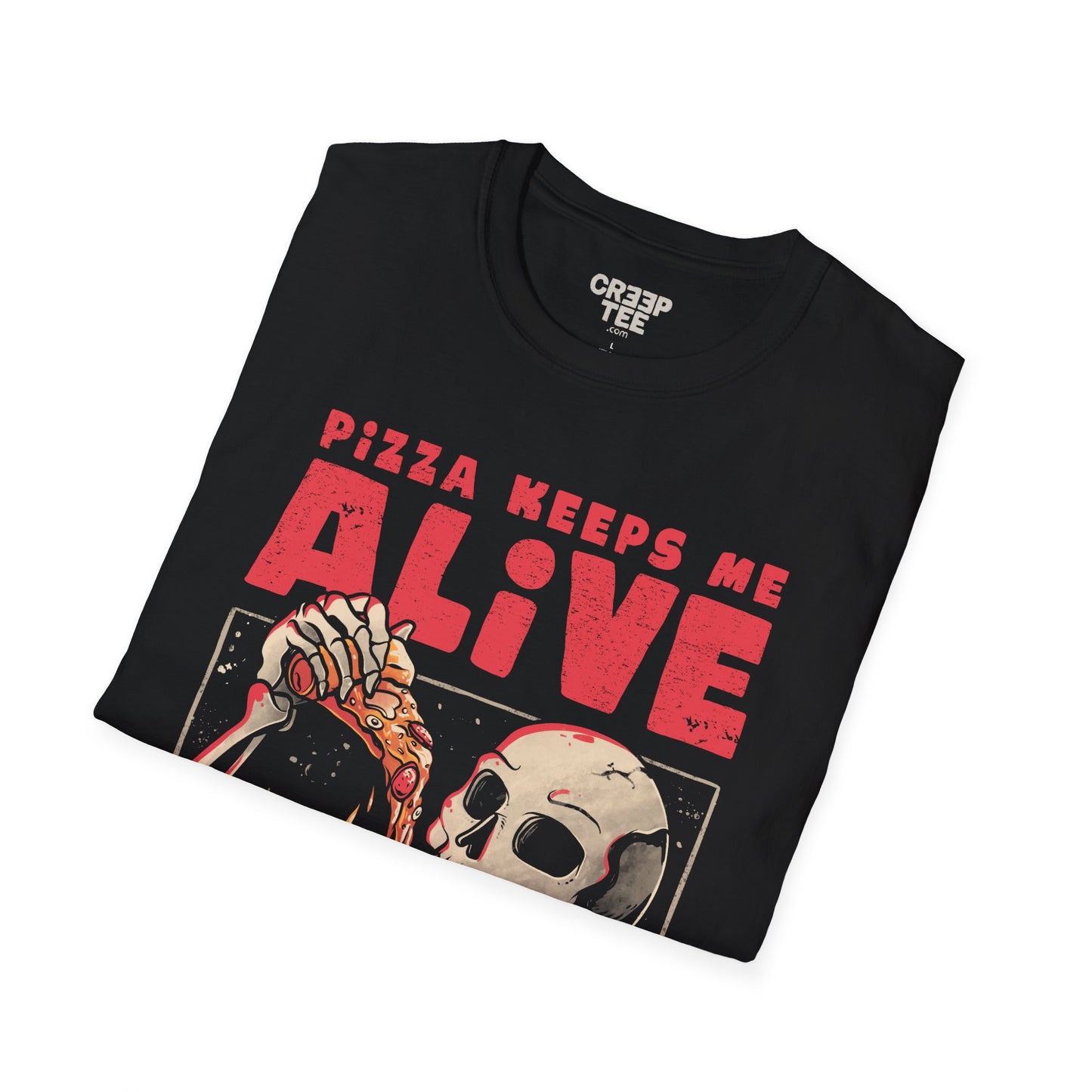 Pizza Keeps Me Alive – Dark Ironic Skull T-Shirt