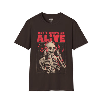 Music Keeps Me Alive – Dark Ironic Skull T-Shirt