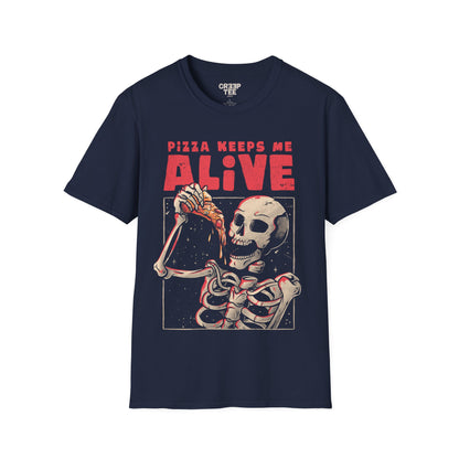 Pizza Keeps Me Alive – Dark Ironic Skull T-Shirt