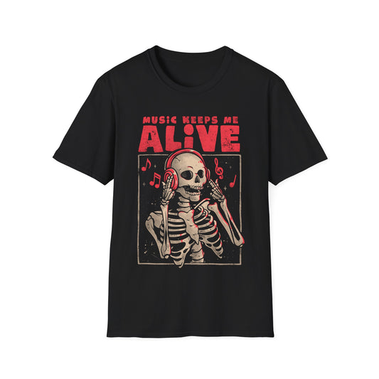 Music Keeps Me Alive – Dark Ironic Skull T-Shirt