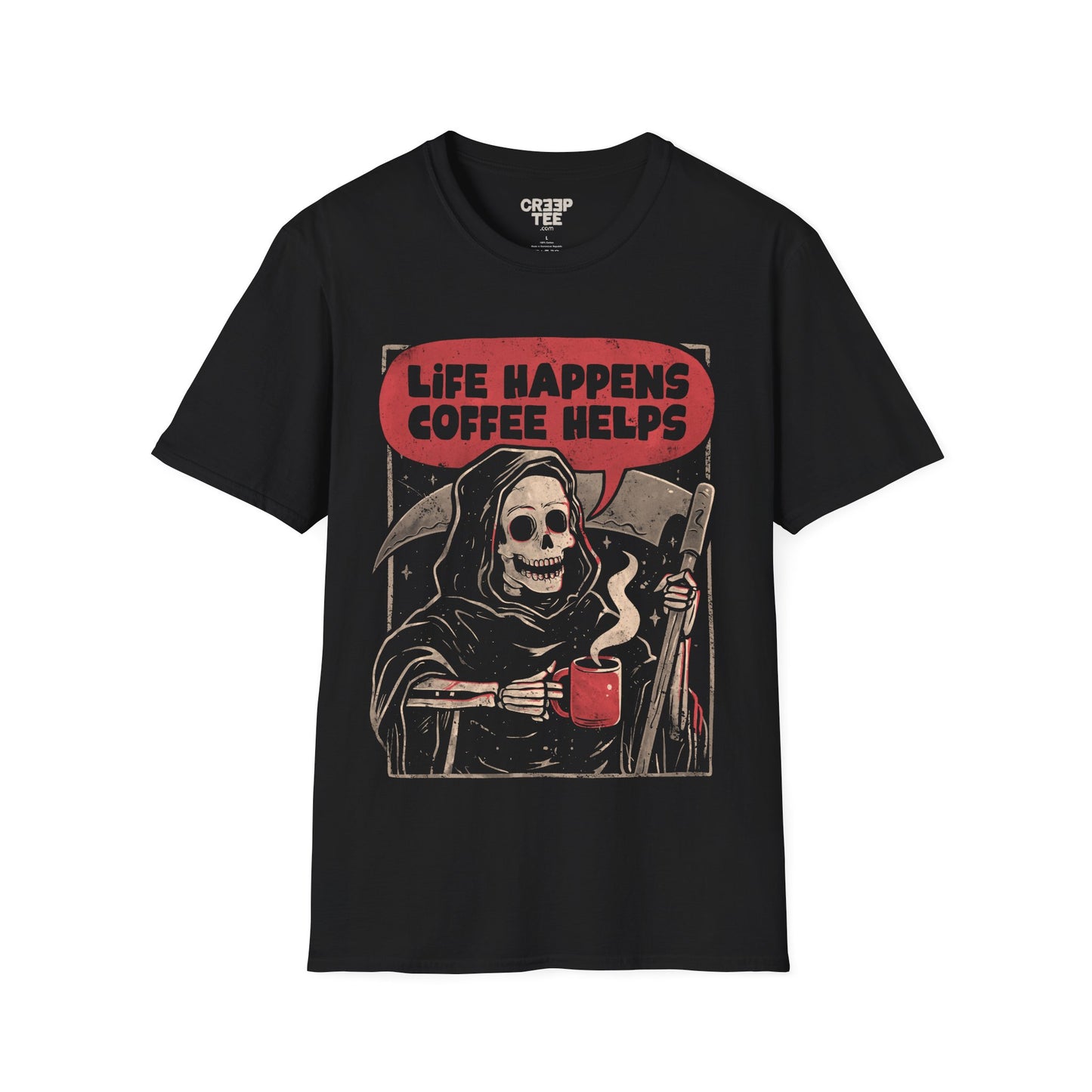 Life Happens, Coffee Helps – Funny Grim Reaper Coffee Lover T-Shirt