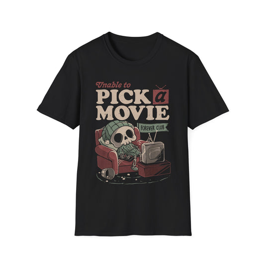 Unable to Pick a Movie – Funny Skeleton Watching TV T-Shirt