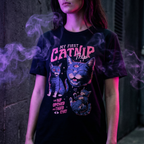 Three wide-eyed cats with a third eye opening above them, beneath the words My First Catnip Trip and the line The Nip Opened The Third graphic on black t-shirt, alternate view – My First Catnip Trip Tee by CREEPTEE