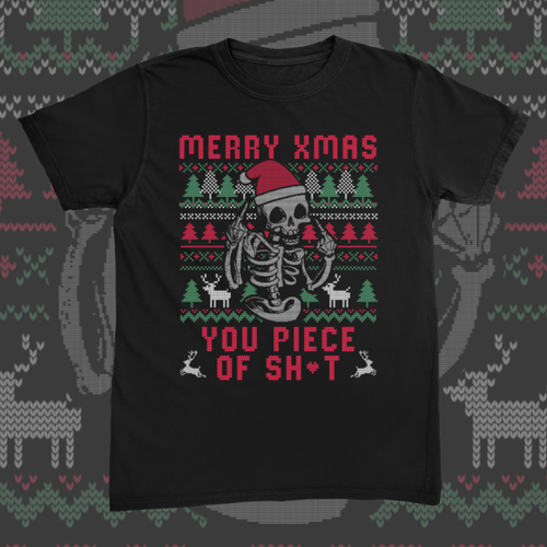 Knitted sweater pattern with a skeleton raising both middle fingers between rows of trees and reindeer, reading Merry Xmas You Piece Of Sh*t graphic on black t-shirt – Christmas Skull Tee by CREEPTEE