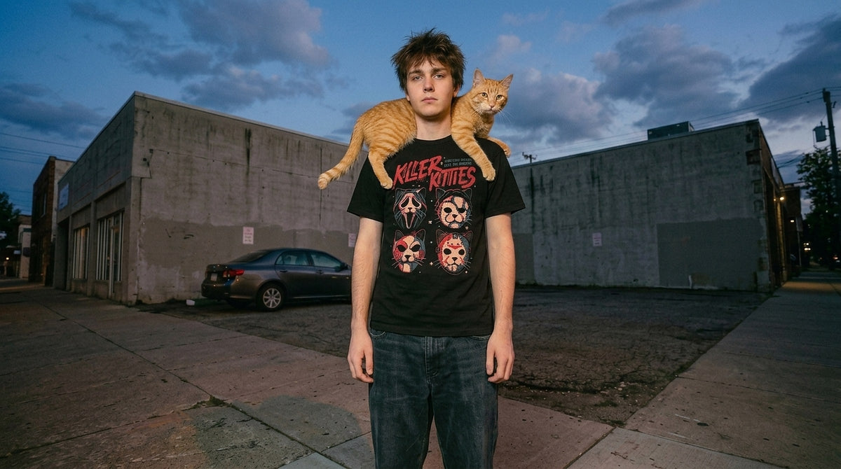 Killer Kitties tee, orange cat on his shoulder, dusk street