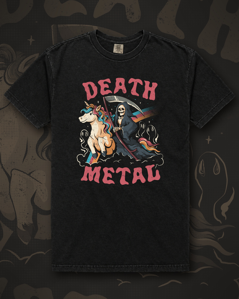 Grim reaper riding a unicorn across rainbow clouds under the words Death Metal graphic on black t-shirt – Death Metal Tee by CREEPTEE