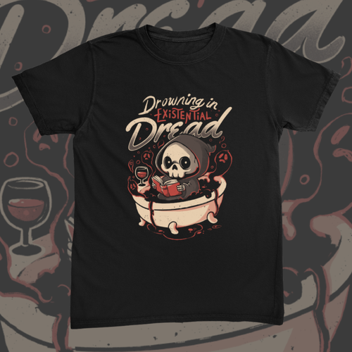 Small grim reaper soaking in a bathtub with a book and a glass of wine under the words Drowning In Existential Dread graphic on black t-shirt – Drowning In Existential Dread Tee by CREEPTEE