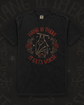 Upside-down bat hanging from a branch between red roses, circled by red lettering reading Hang In There It Gets Worse graphic on black t-shirt – Hang In There It Gets Worse Tee by CREEPTEE