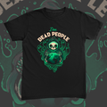 Tiny grim reaper hugging Earth with ghostly hands graphic on black t-shirt – I See Dead People Tee by CREEPTEE