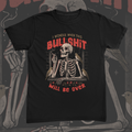 Skeleton chilling with birds, cigarette in hand graphic on black t-shirt – I Wonder When This Bullshit Will Be Over Tee by CREEPTEE