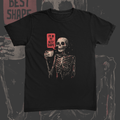 Chill skeleton lifting a coffee mug graphic on black t-shirt – In My Best Shape Tee by CREEPTEE