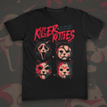 Black t-shirt printed with four cats wearing horror-movie masks under red brush lettering reading Killer Kitties, nine lives won't save you tonight