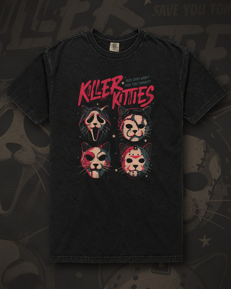 Black t-shirt printed with four cats wearing horror-movie masks under red brush lettering reading Killer Kitties, nine lives won't save you tonight