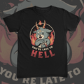 Small horned creature tapping its wrist inside a flaming circle above the words You're Late To Hell graphic on black t-shirt – Late To Hell Tee by CREEPTEE