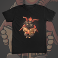 Horned creature in glasses reading a book titled Learning Evil By Cats graphic on black t-shirt – Learning Evil Tee by CREEPTEE