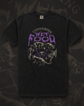 Black t-shirt printed with five cats circling a purple pentagram and candles around a can of wet food under dripping purple lettering reading Summoning Wet Food