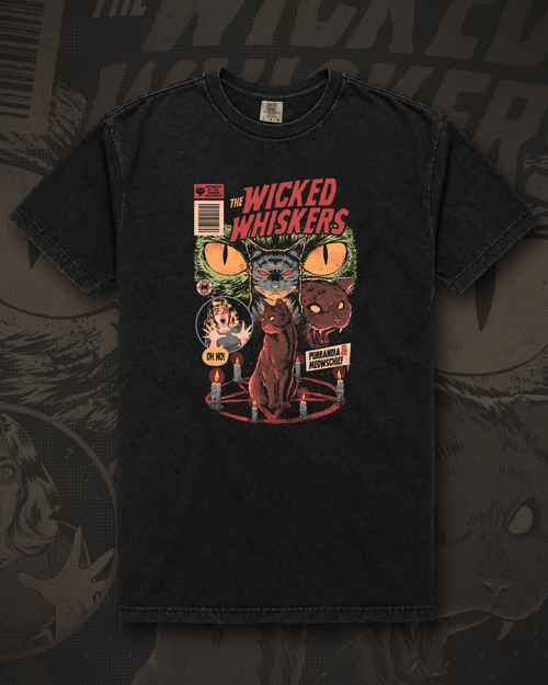 Comic-style black and red cats around a candlelit pentagram with glowing eyes above, under the title The Wicked Whiskers graphic on black t-shirt – Wicked Whiskers Tee by CREEPTEE